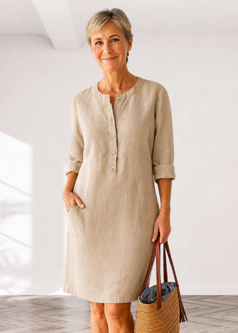 Henley Neck Roll Sleeve Patch Pocket Linen Shift Midi Dress 3