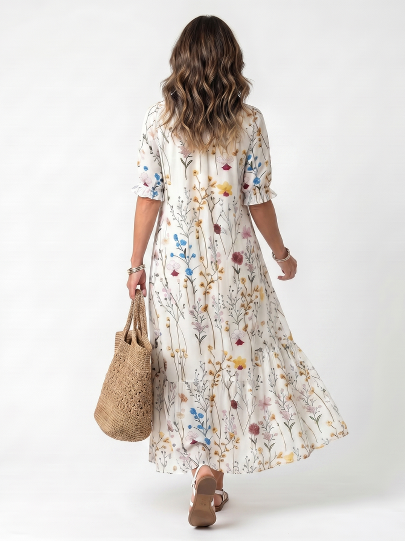 White Tie Neck Floral Print Ruffle Sleeve A-Line Maxi Dress 4
