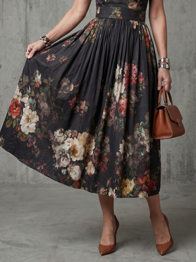 Black High Neck Keyhole Floral Pleated A-Line Midi Dress