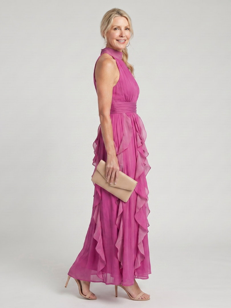 Pink High Neck Halter Sleeveless Cascade Ruffle Chiffon Maxi Gown