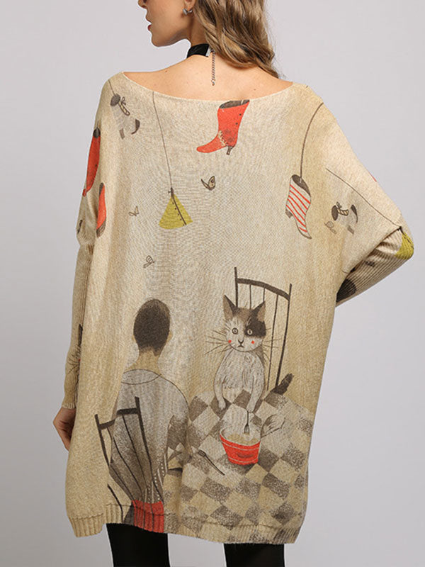 Boat Neck Cat Print Long Sleeve Knit Sweater Tunic