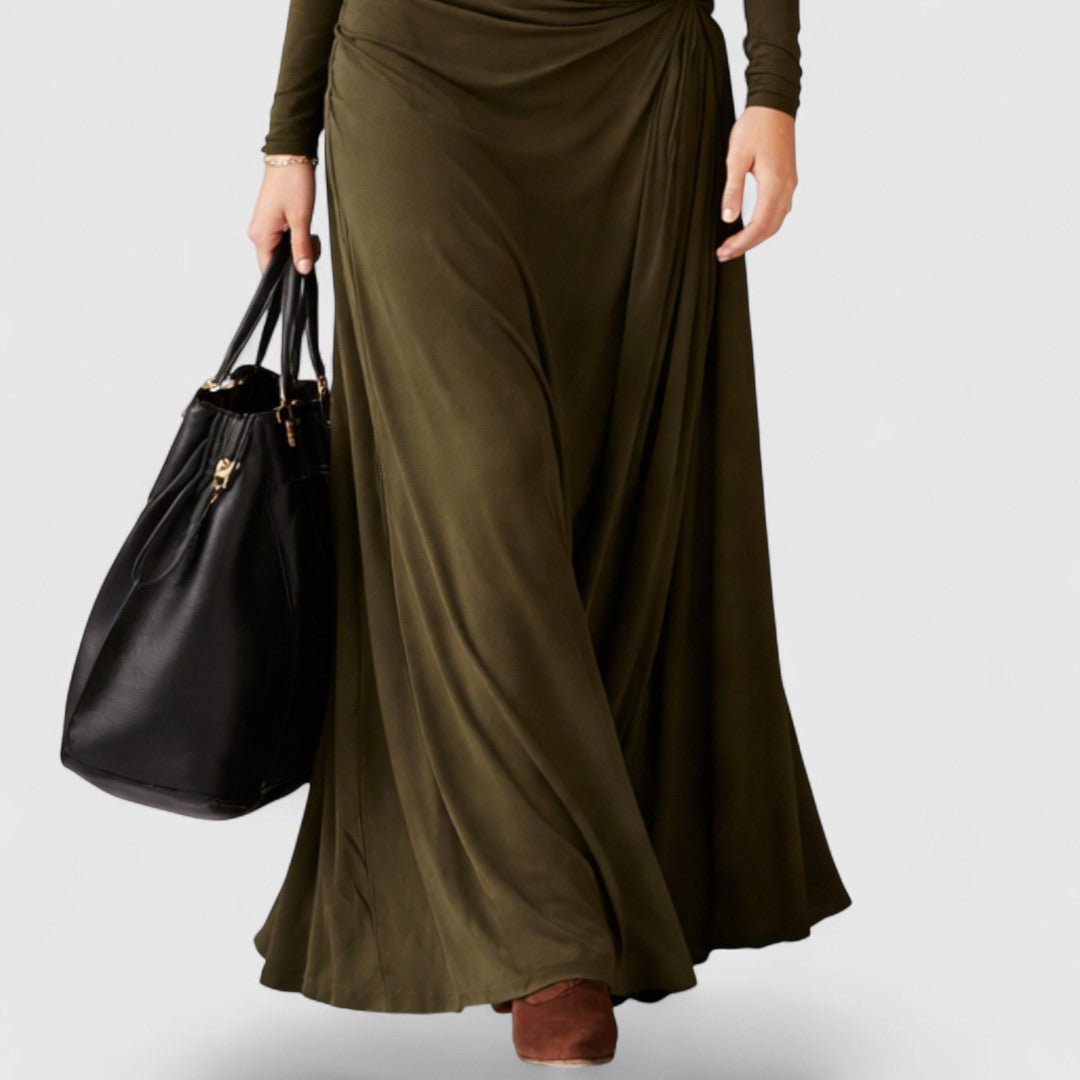 Olive Green Cowl Neck Long Sleeve Ruched Waist Flowy Maxi Dress