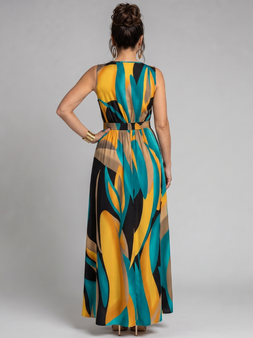 Multicolor V-Neck Abstract Print Sleeveless Belted A-Line Maxi Dress