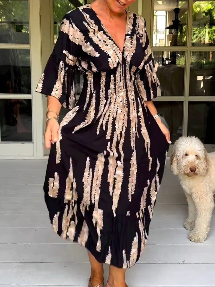 Retro 3/4 Sleeve Print Midi Dress