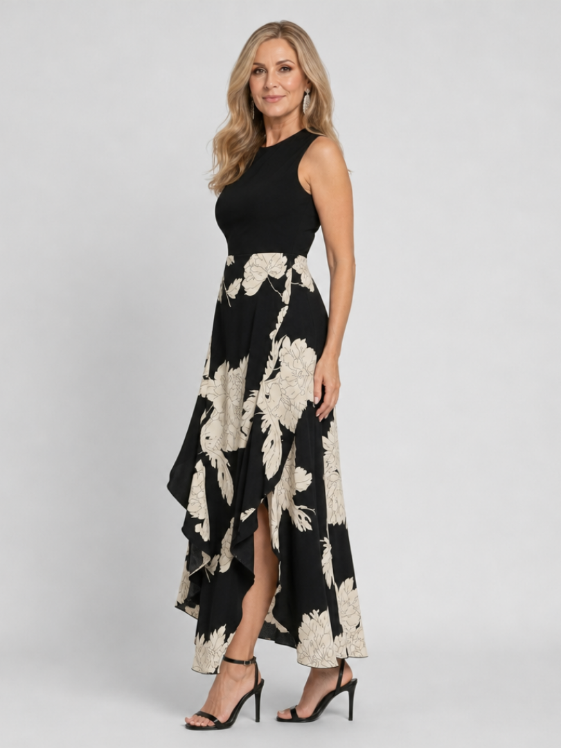 Black Crew Neck Sleeveless Floral High-Low Hem A-Line Maxi Dress