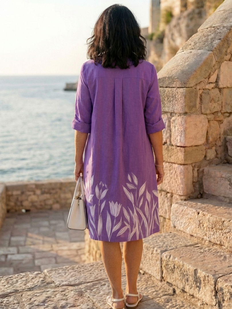 Purple Collar Button Placket Tulip Border Print Roll-Tab Shift Midi Dress