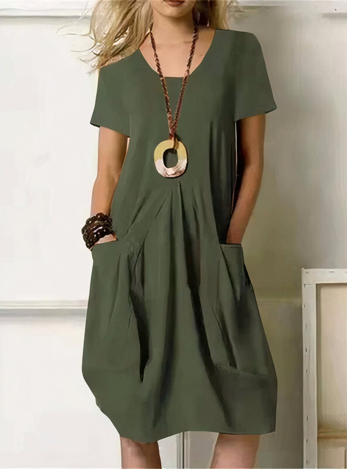 V-Neck Short Sleeve Pocket Cocoon Shift Midi Dress 3