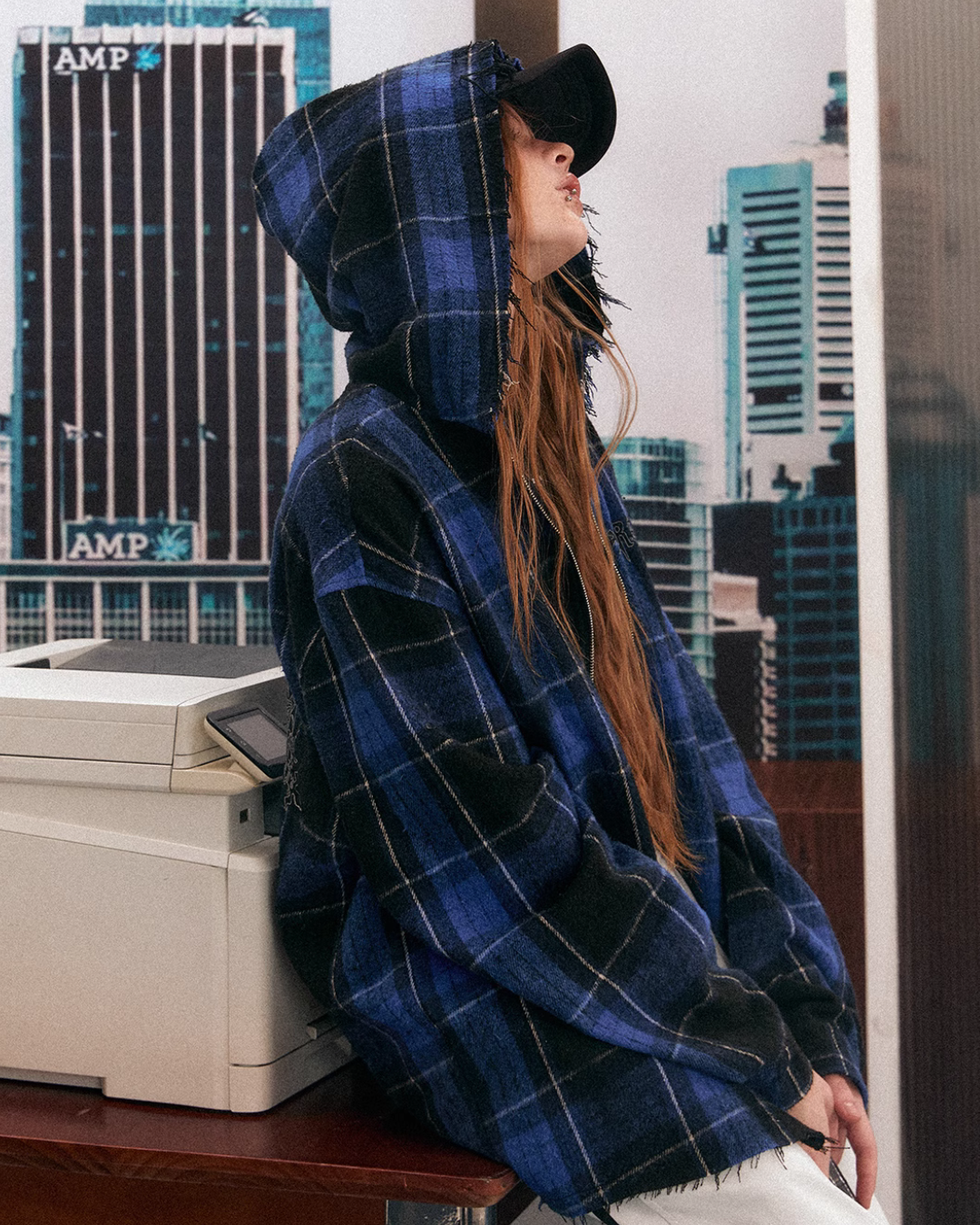 Blue Plaid Oversized Hooded Jacket