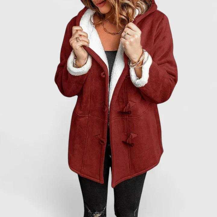 Hooded Sherpa Lined Suede Toggle Button Coat