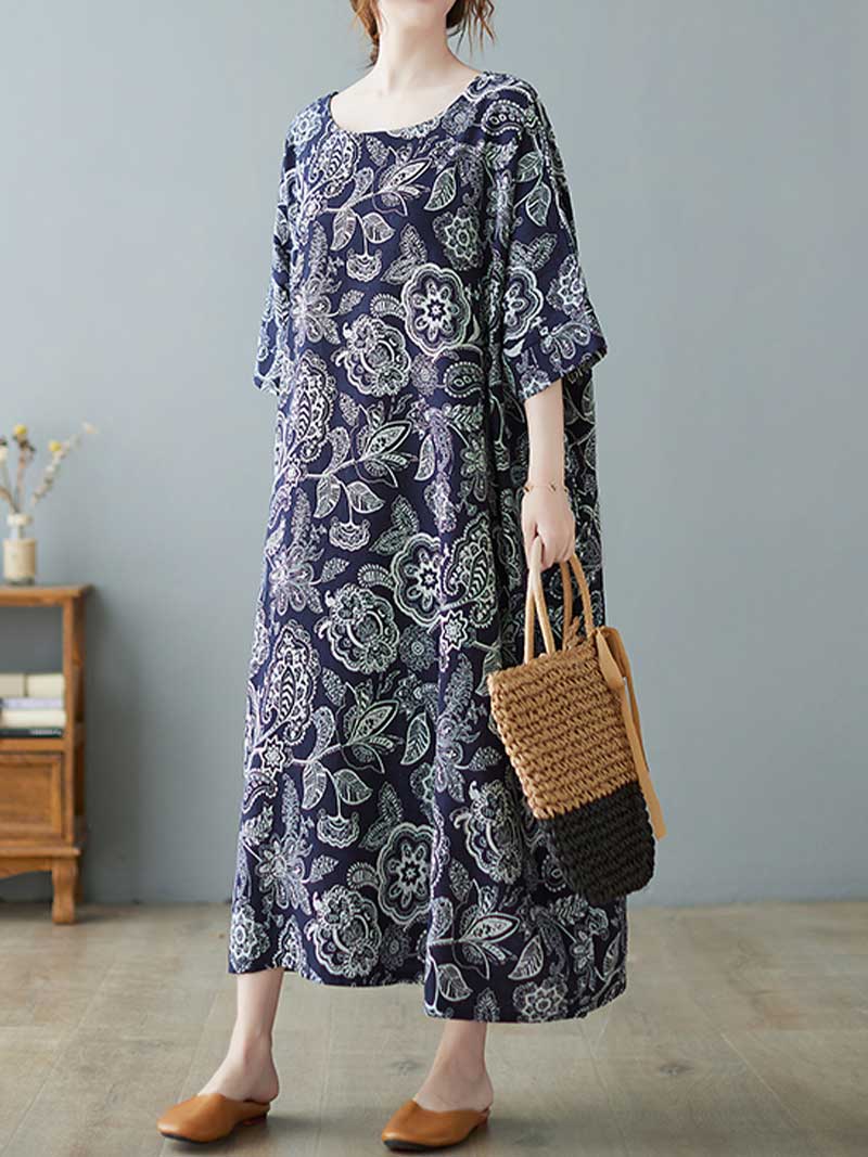 Navy Blue Round Neck Paisley Floral Print Short Sleeve Loose Maxi Dress 6