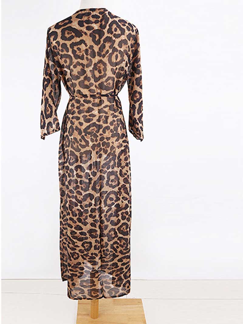 Leopard Print Leopard Print Belted Long Length Chiffon Kimono Robe