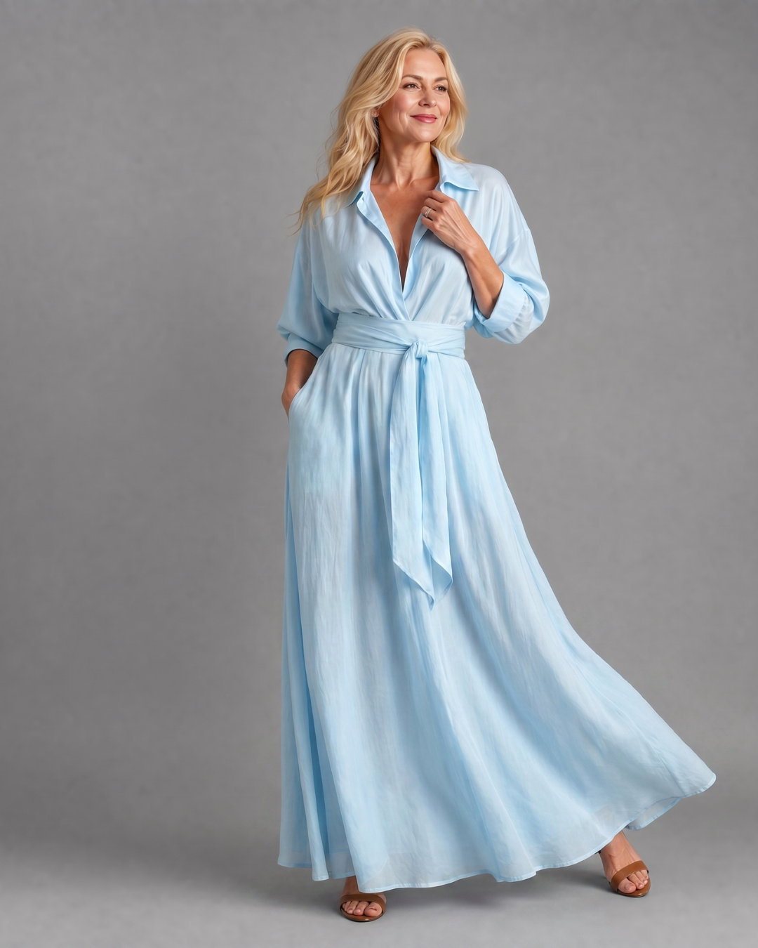 Collared Plunge Satin Long Sleeve Tie Waist Flowing Maxi Dress 4