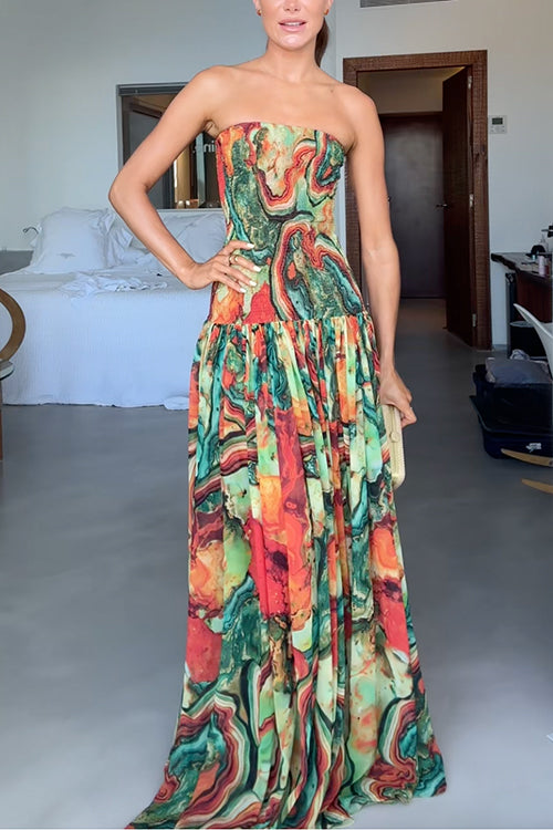 Print Strapless Abstract Marble Print Dropped Waist Flowy A-Line Maxi Dress