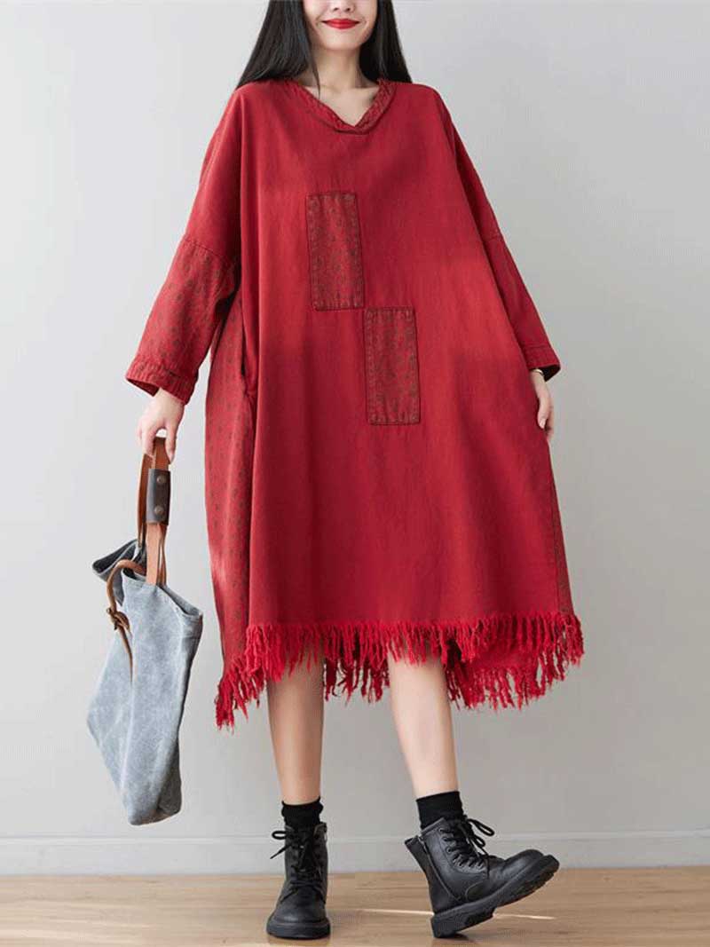 V-Neck Patch Pocket Denim Long Sleeve Frayed Tassel Hem Midi Dress 6