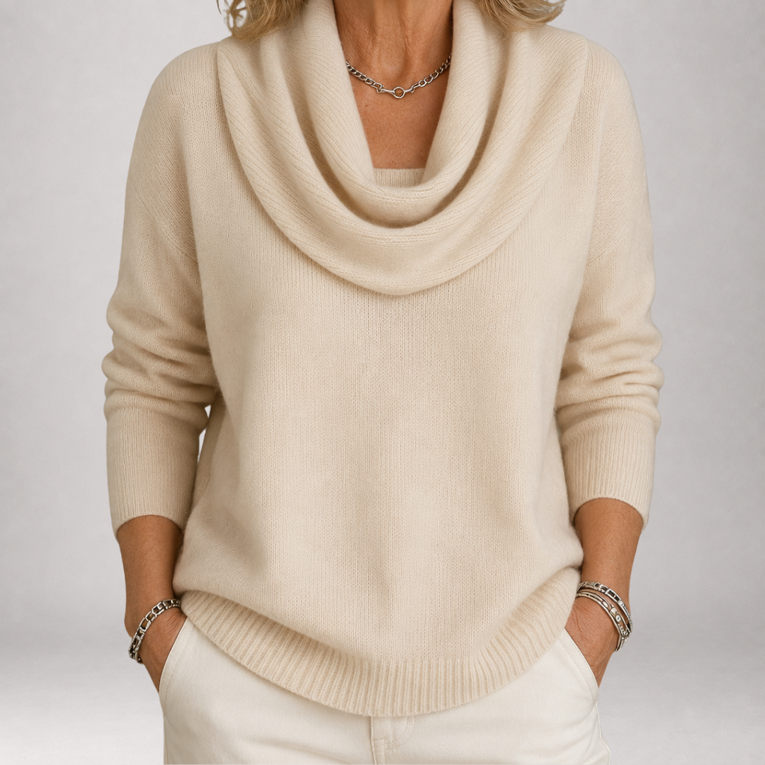 Cream Cowl Neck Draped Knit Long Sleeve Sweater