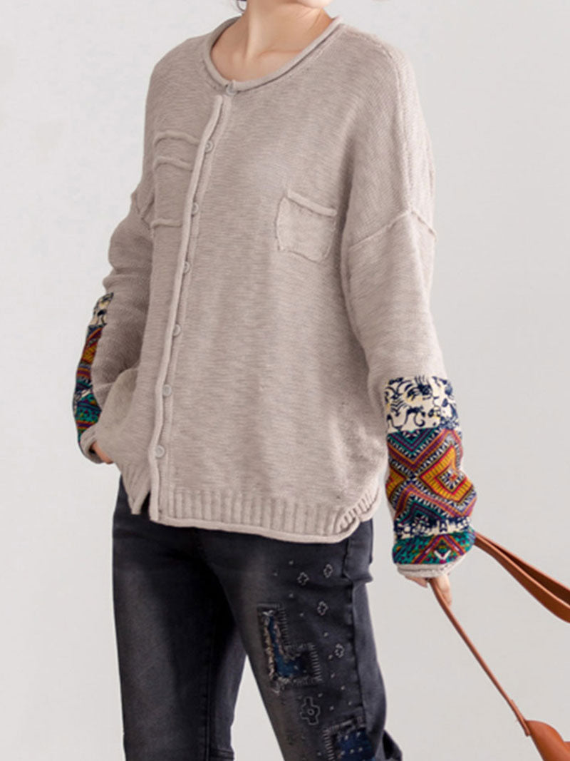 Round Neck Embroidered Sleeve Button Front Knit Cardigan