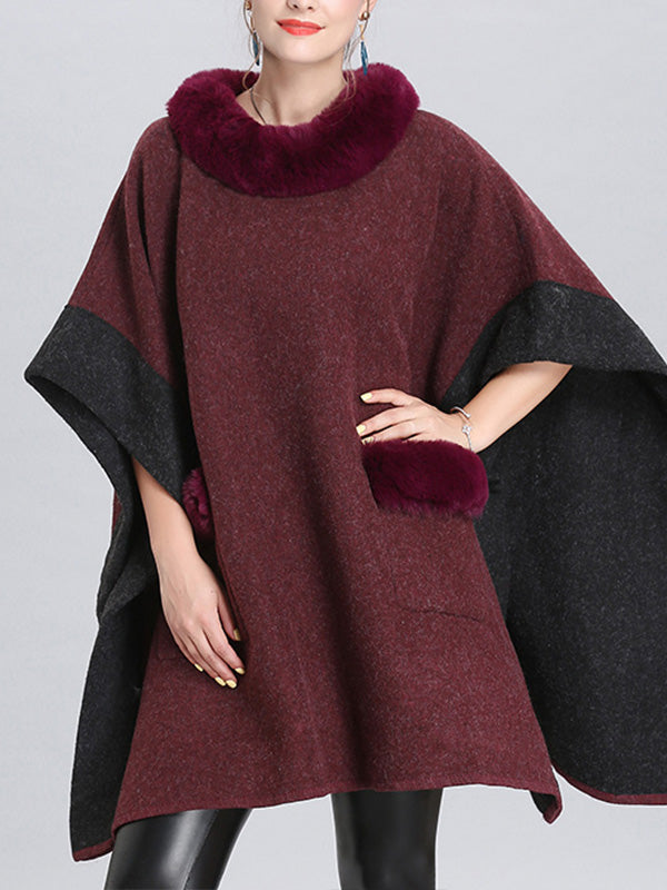 Faux Fur Collar Contrast Trim Pocket Knit Cape