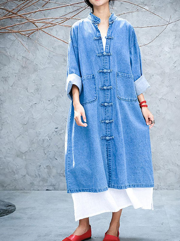 Stand Collar Frog Button Patch Pocket Denim Duster Coat