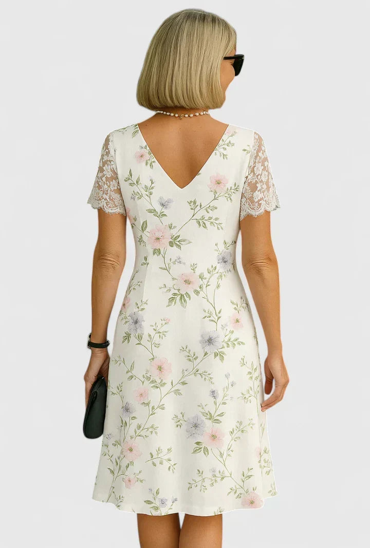 V-Neck Floral Print Lace Sleeve A-Line Midi Dress