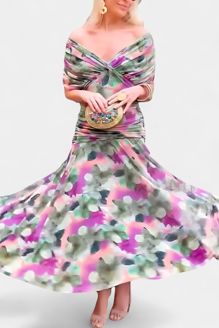 Off-Shoulder Twist Front Ruched Chiffon Flowy Maxi Dress