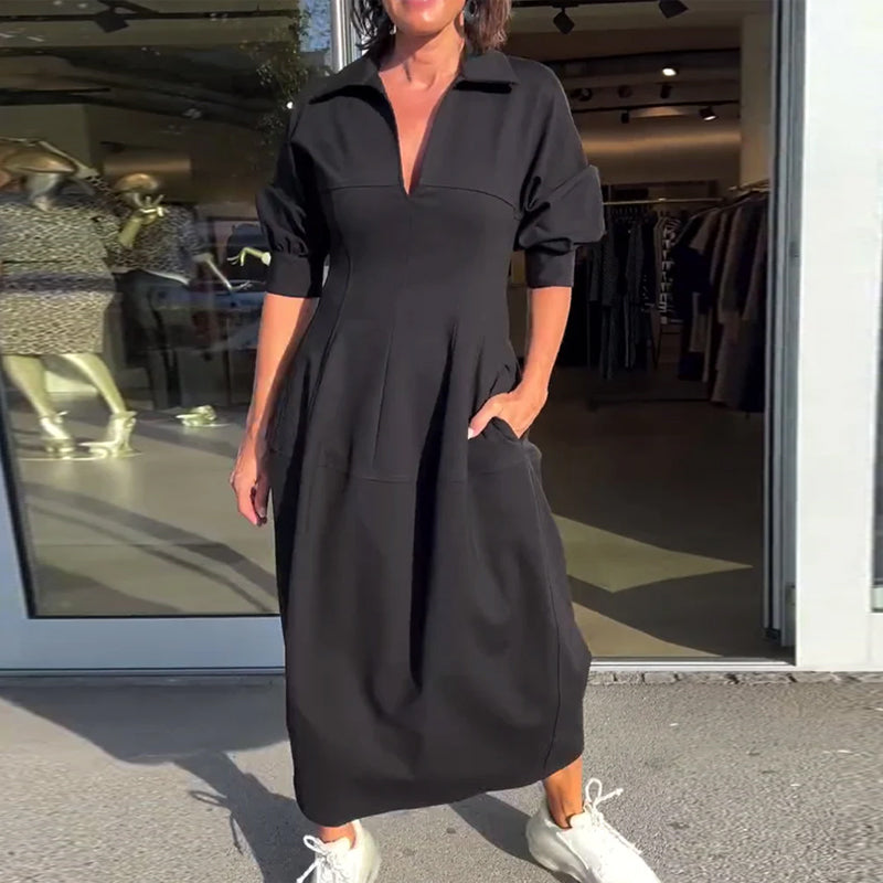 Black Collared V-Neck Puff Sleeve Pocket Cocoon Midi Dress 9