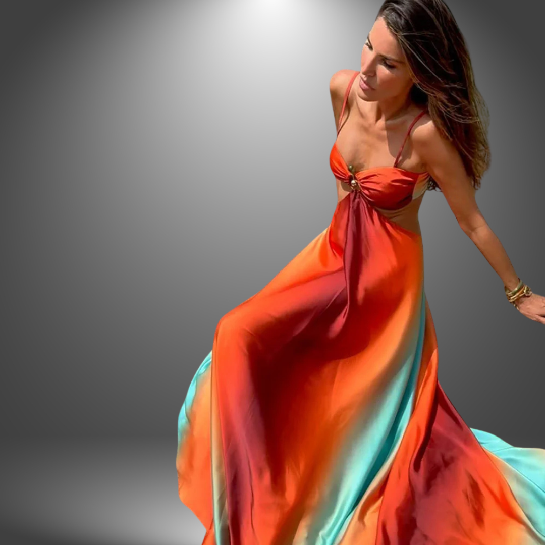 Orange Strapless Sweetheart Gradient Ring Cutout Satin Maxi Gown 4