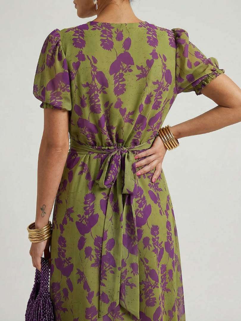 Floral Surplice V-Neck Floral Puff Sleeve Wrap A-Line Midi Dress 4
