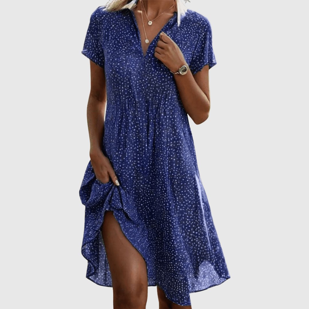 Split Neck Dot Print Short Sleeve Pleated Swing Midi Dress
