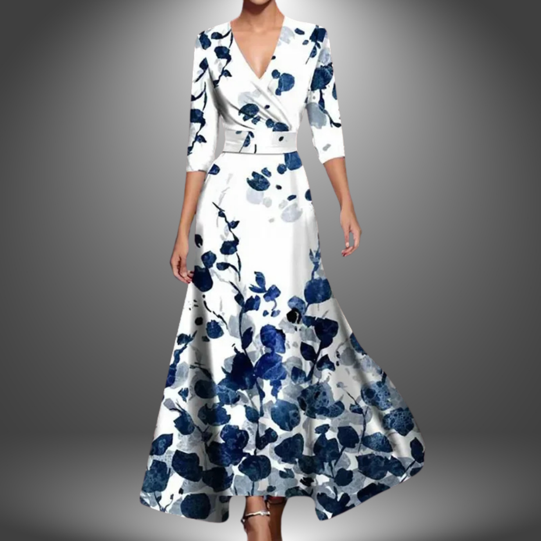 Surplice V-Neck Floral Print Three Quarter Sleeve A-Line Maxi Dress
