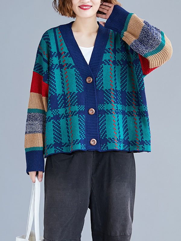 Green V-Neck Button Front Plaid Knit Striped Sleeve Cardigan