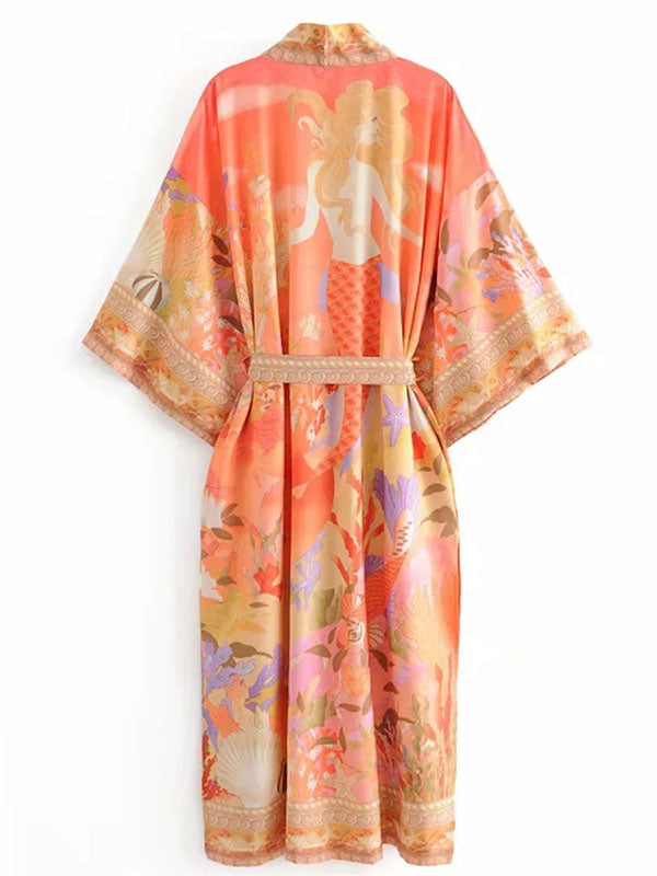 Orange Shawl Collar Floral Crane Print Belted Long Kimono Robe 2