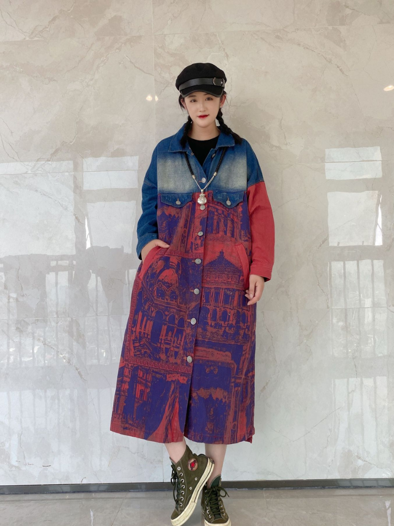 Lapel Collar Button Front Graphic Print Long Denim Coat