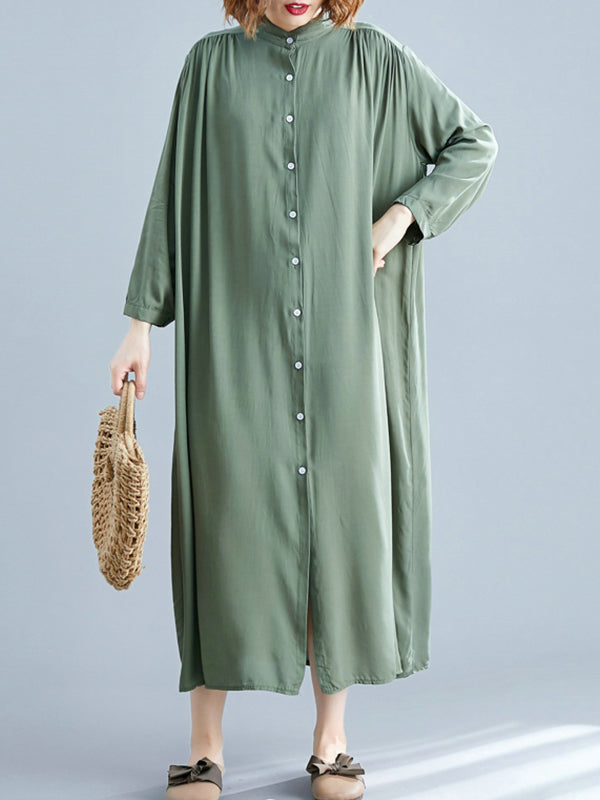 Stand Collar Long Sleeve Button Front Loose Shirt Midi Dress 2