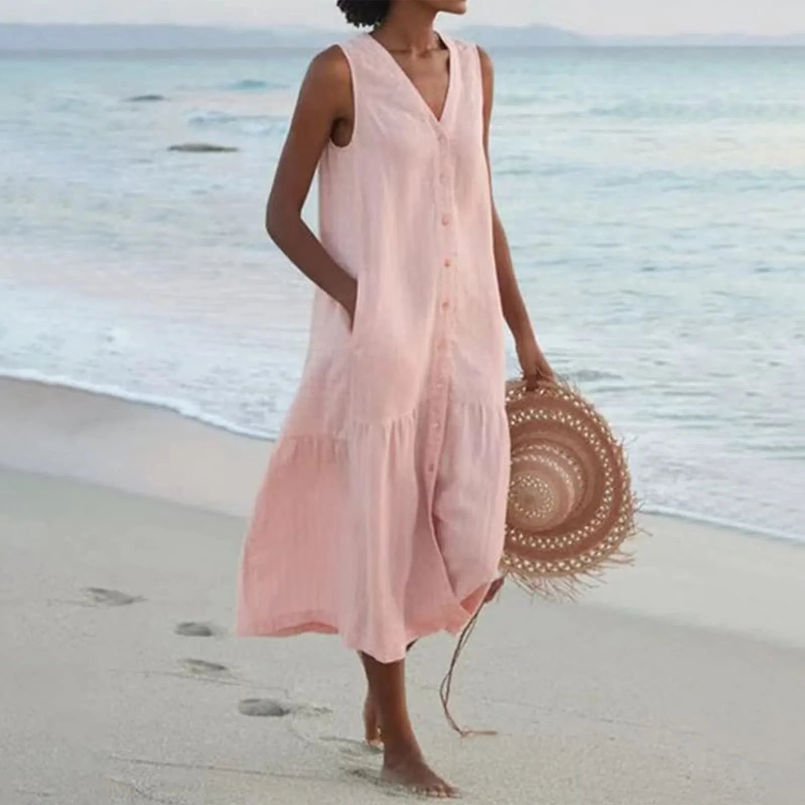 Emilia Exclusive Linen Dress with V Neck Designer Edit