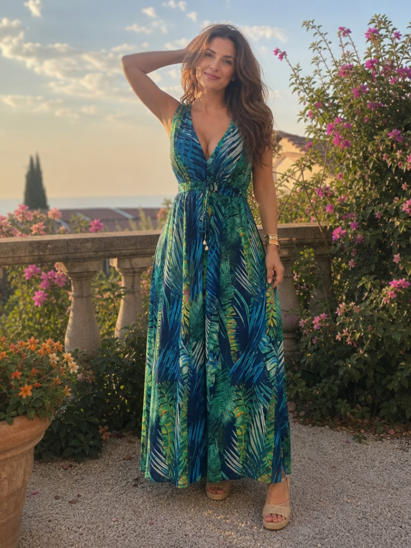 V-Neck Leaf Print Half Sleeve Crochet Trim Empire Maxi Dress 7