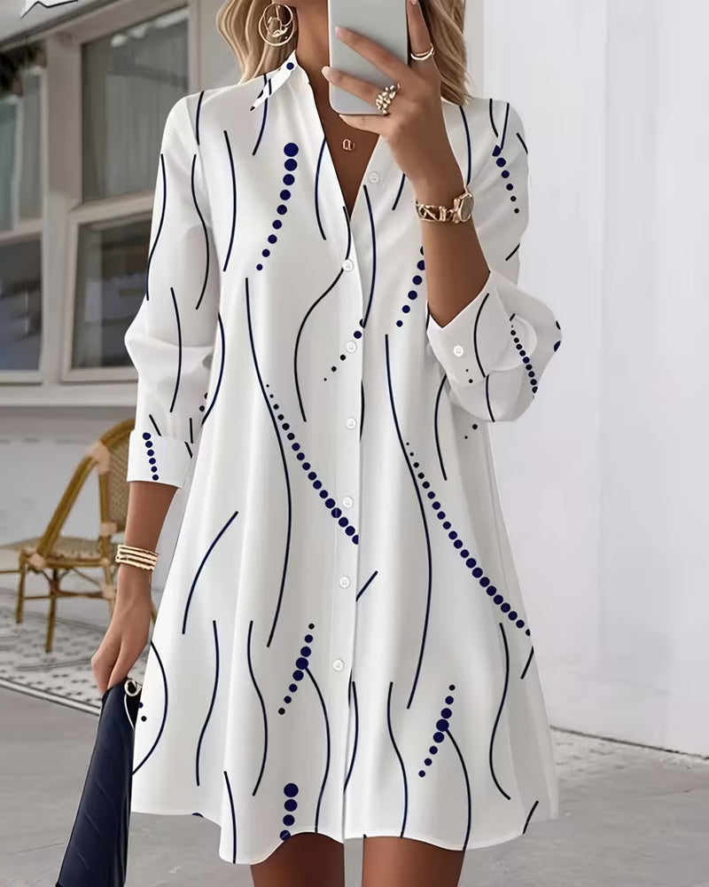 White Collared Abstract Print Button-Front Long Sleeve Shirt Mini Dress