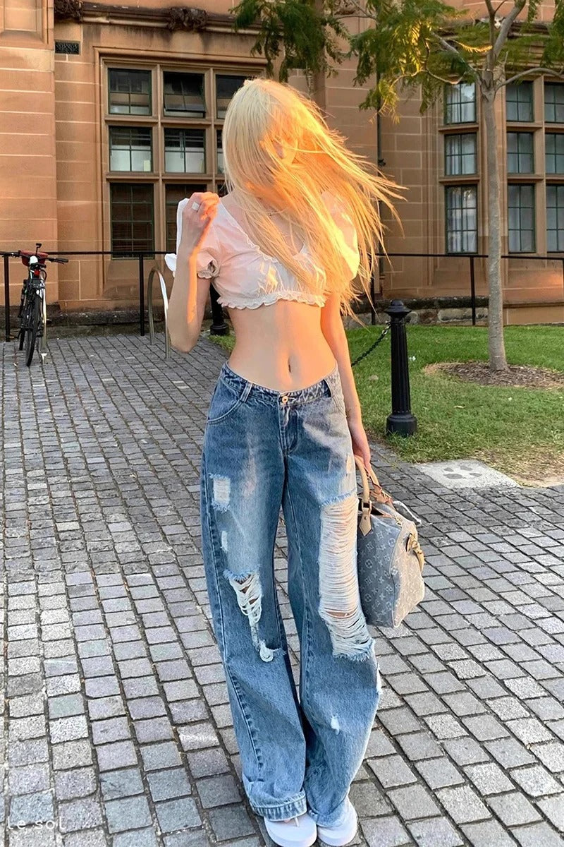 Street Style Ripped Loose Fit WideLeg Jeans