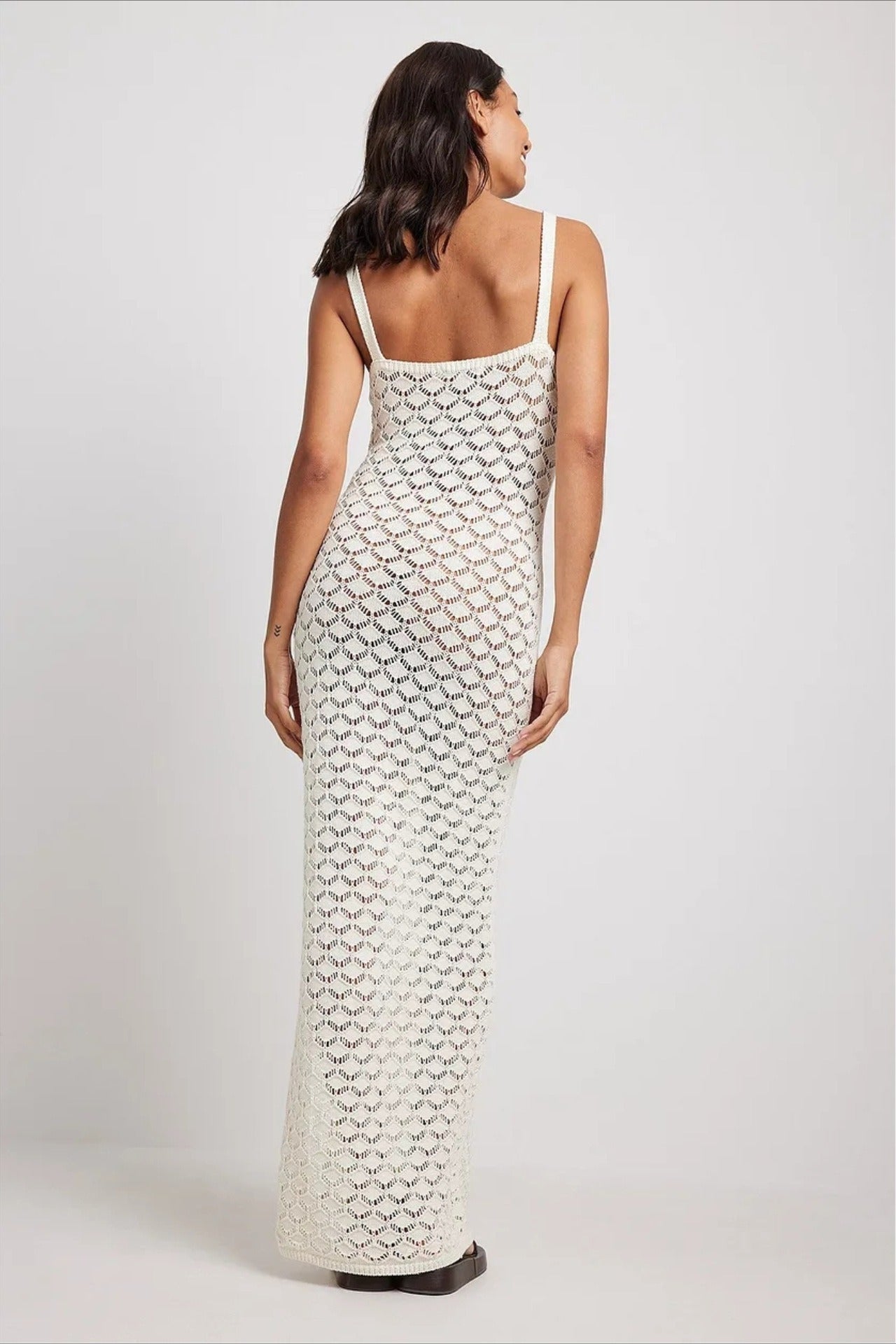 White Spaghetti Strap Sweetheart Crochet Knit Side Slit Maxi Dress 4