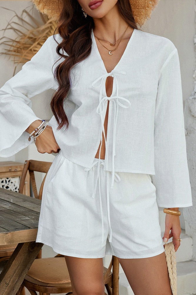 Casual Button Cardigan Beach Shorts Set
