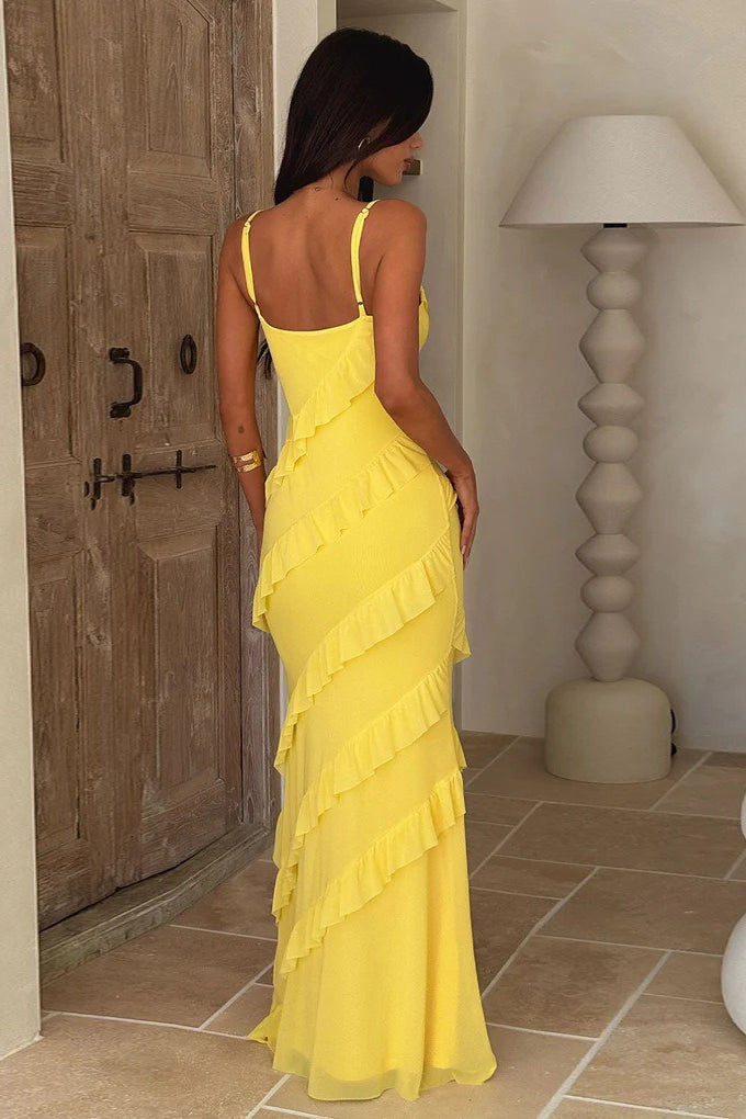 V Neck Open Back Side Split Wave Slim Slip Dress