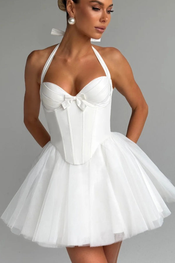 Boned Halter Lace Tie Waist Tulle Overlay Mini Dress 7