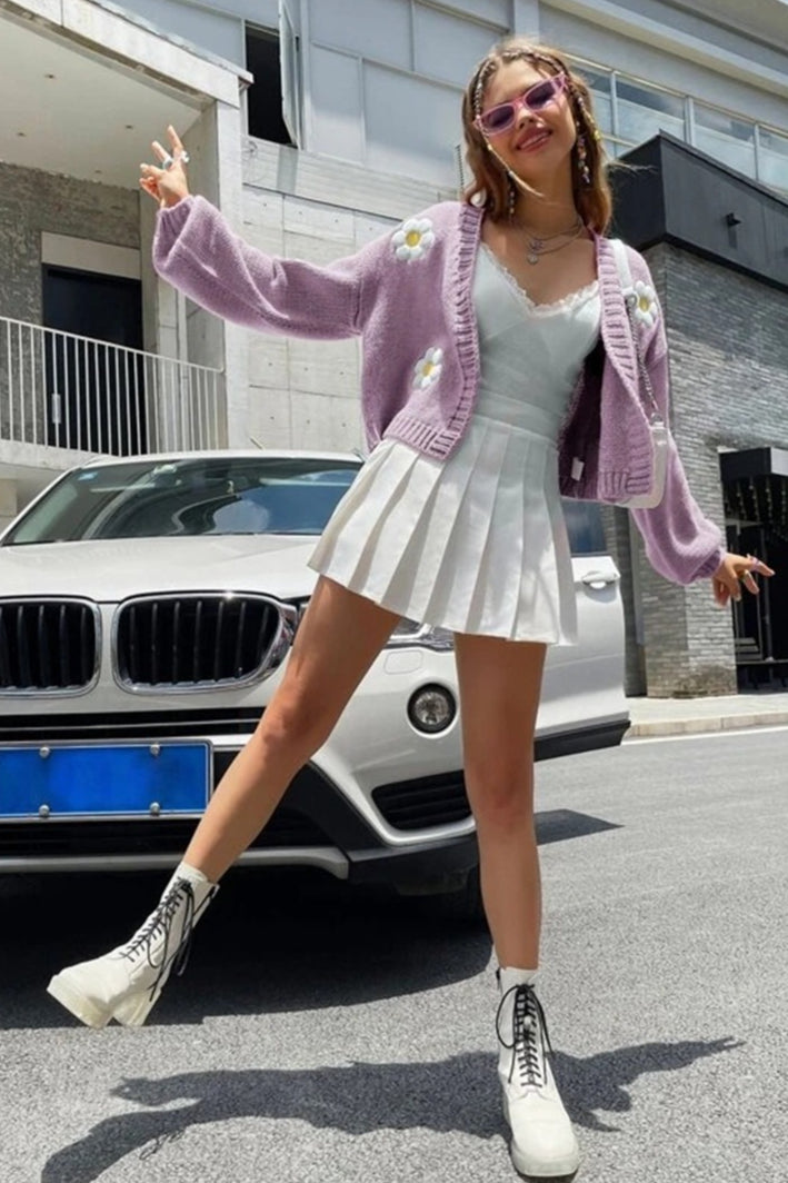 Sweet Floral Pattern Loose Cropped Knit Cardigan