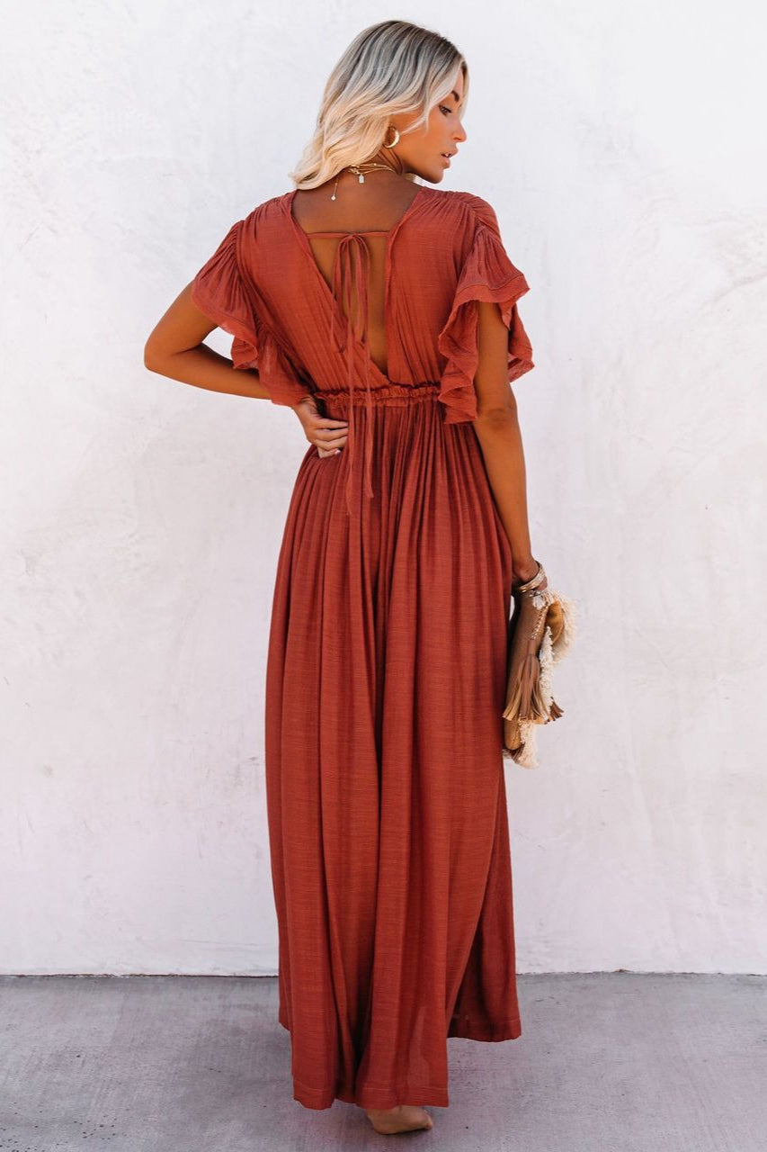 Deep V Neck Ruffle Sleeve Drawstring Waist Button Front Pocket Maxi Dress 2