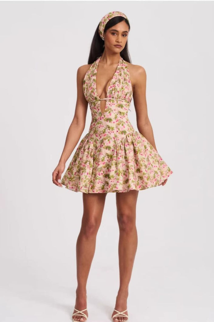 Halter Backless Mini Floral Dress