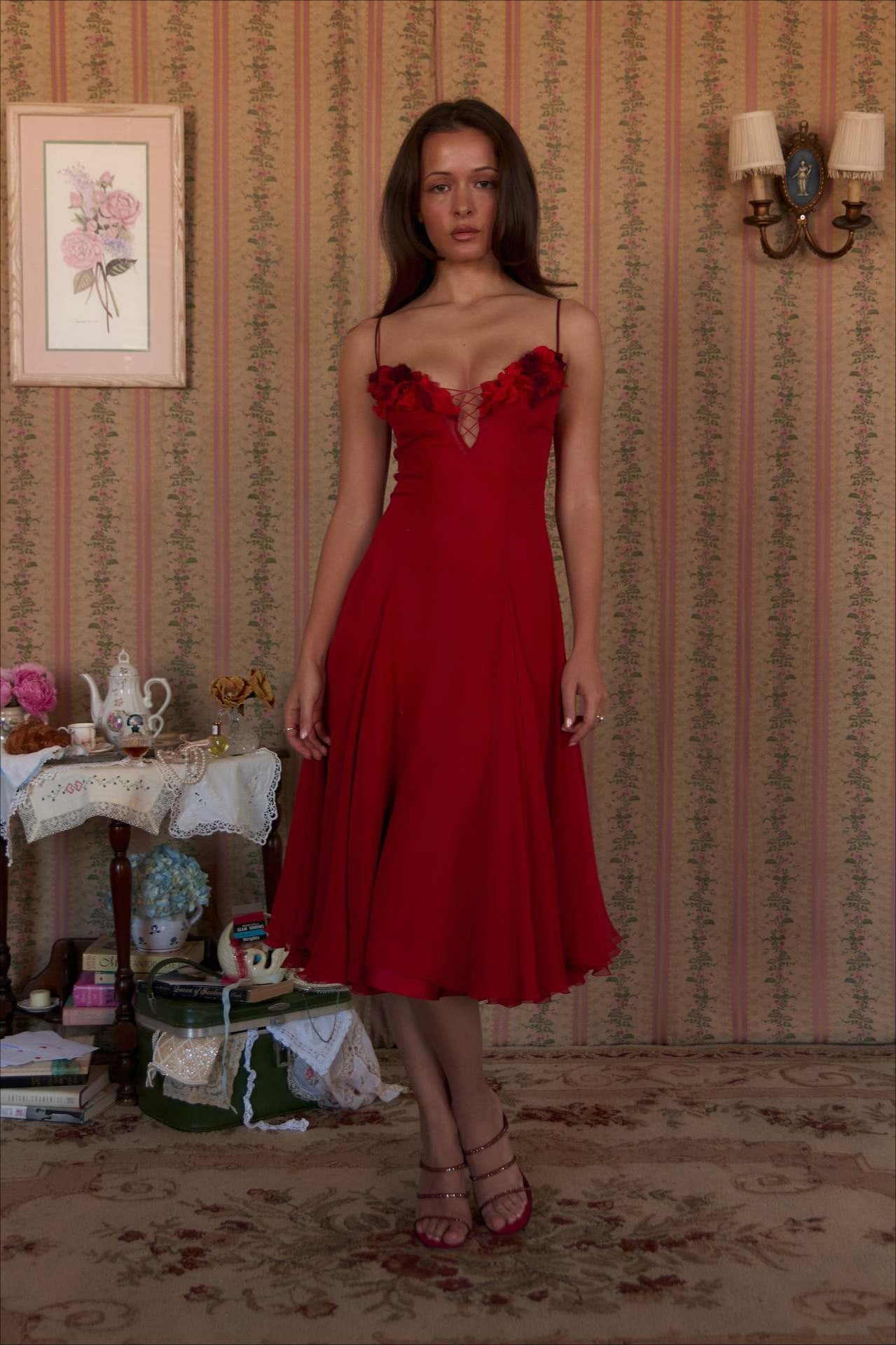 Deep V 3D Floral Sheer Midi Party Dress