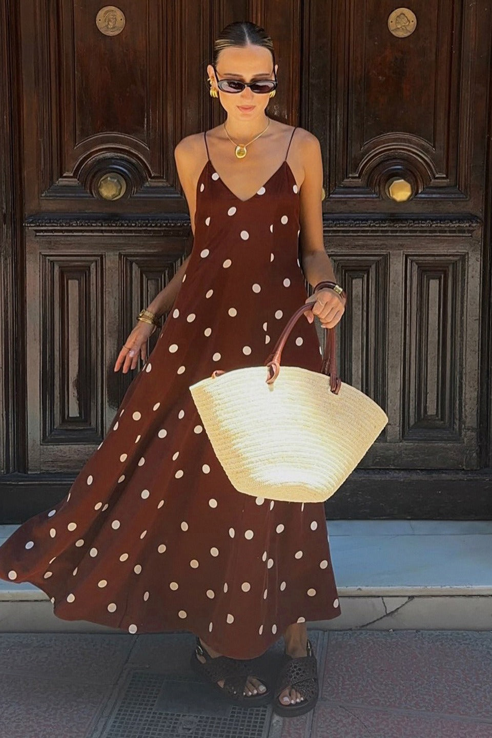 Polka Dot V Neck Open Back Loose Maxi Slip Dress