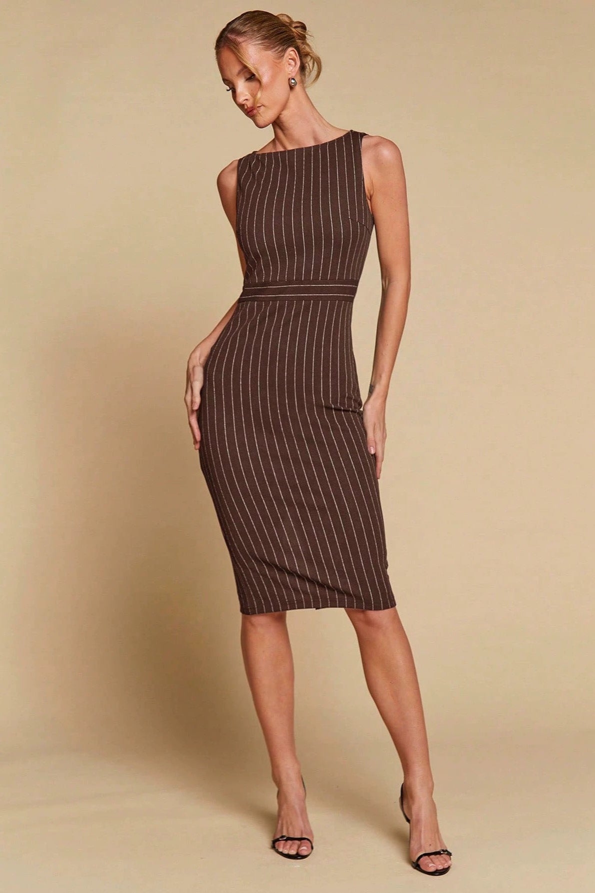 Striped Slit Waist Cinched Sleeveless Work Dress