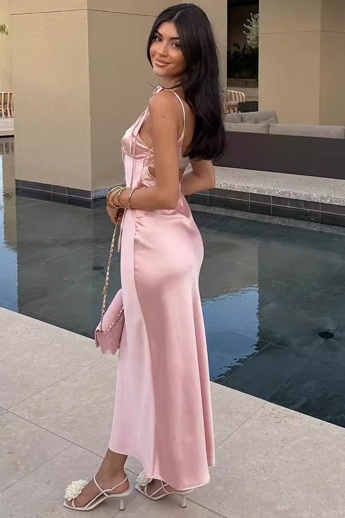 Sexy Deep V Tie Spaghetti Strap Satin Sleeveless Party Dress