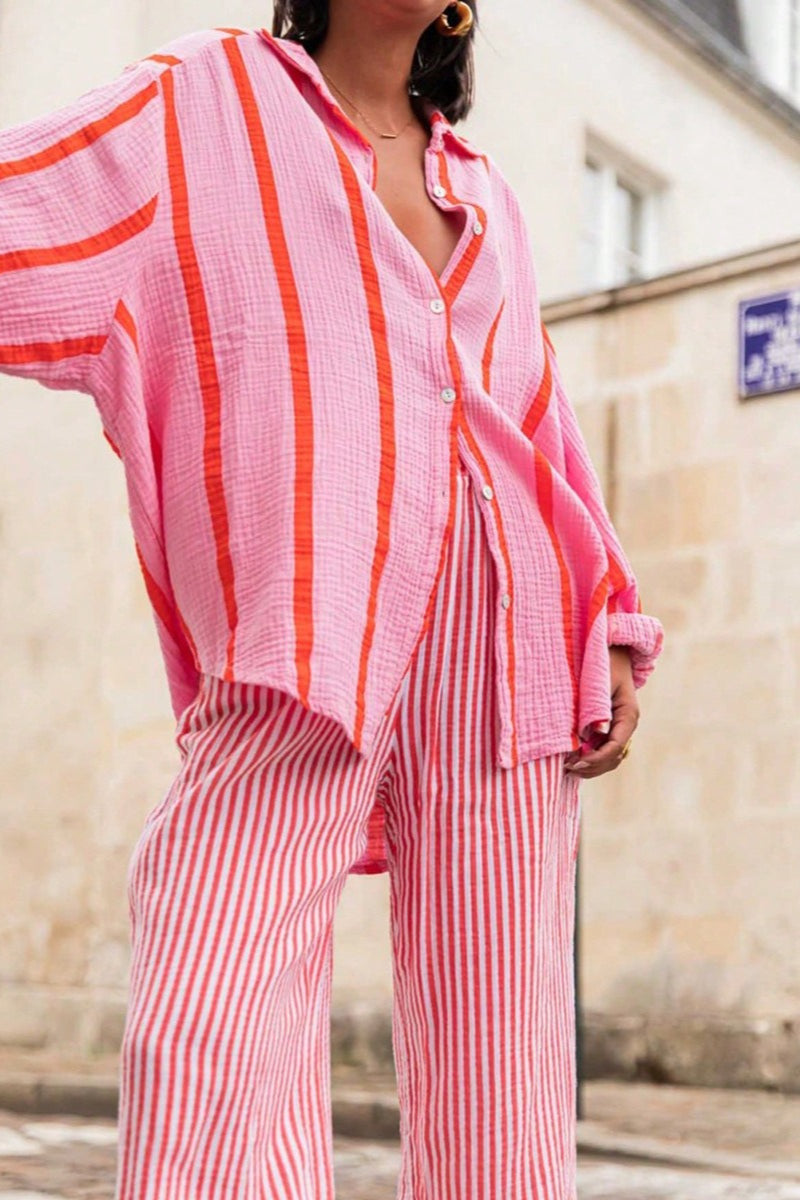 Striped Long-Sleeve Cardigan Blouse