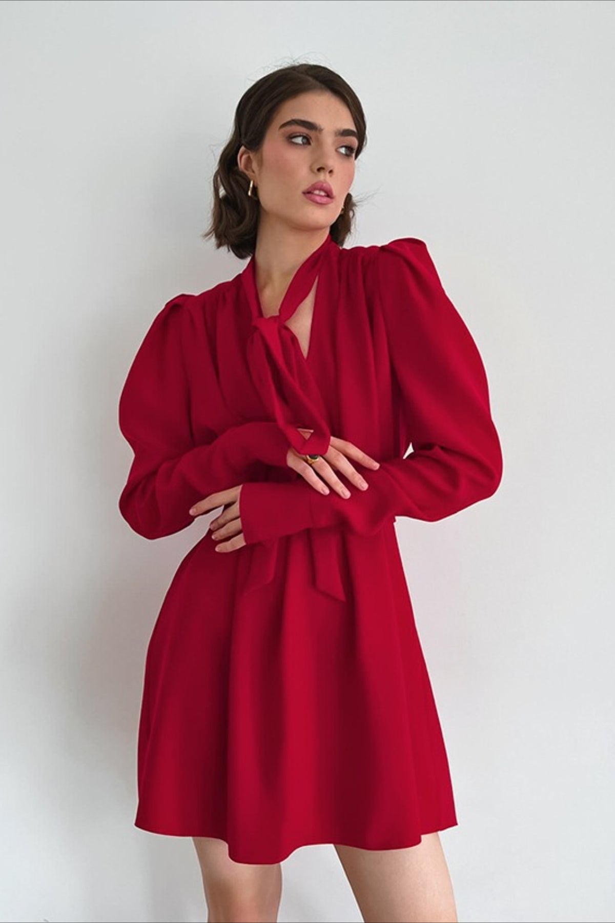 Black V-Neck Puff Sleeve Mini Dress